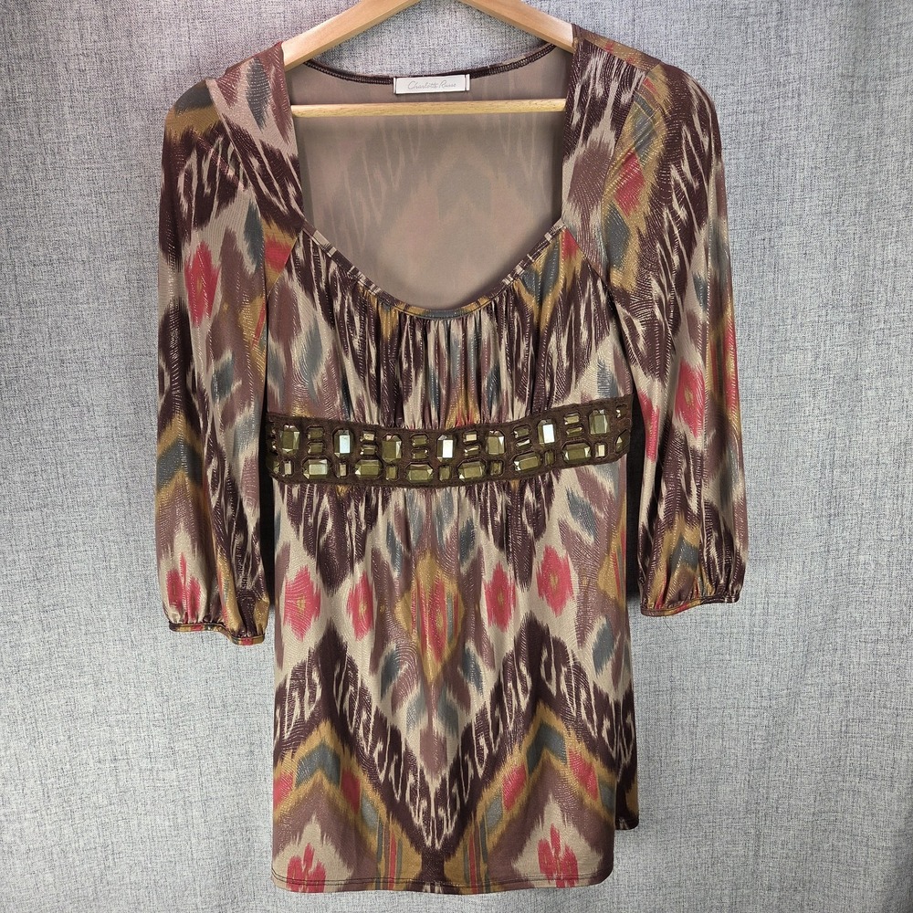 VTG Charlotte Russe Womens M Top Babydoll Tribal Faux Gem Belt Y2K Bronze Tunic